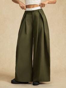 Easelle Casual Vintage Women's High Waist Pleated Wide Leg Loose Casual Pants Color Blocking Double Waistband Design Green  Bohemia Bohe Chic  Summer - Army Green - View 5