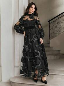 Anewsta 优雅女士长裙，黑色网纱拼接，腰部饰以刺绣，适合宴会、派对等场合，秋冬季穿着。 - 黑色 - 查看 3