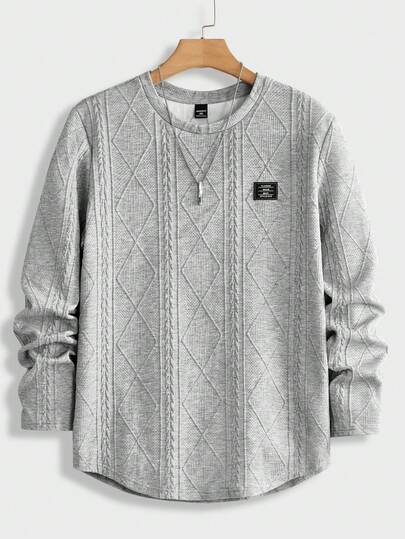 EASEVO 大码男士宽松针织麦穗菱形图案圆领长袖T恤