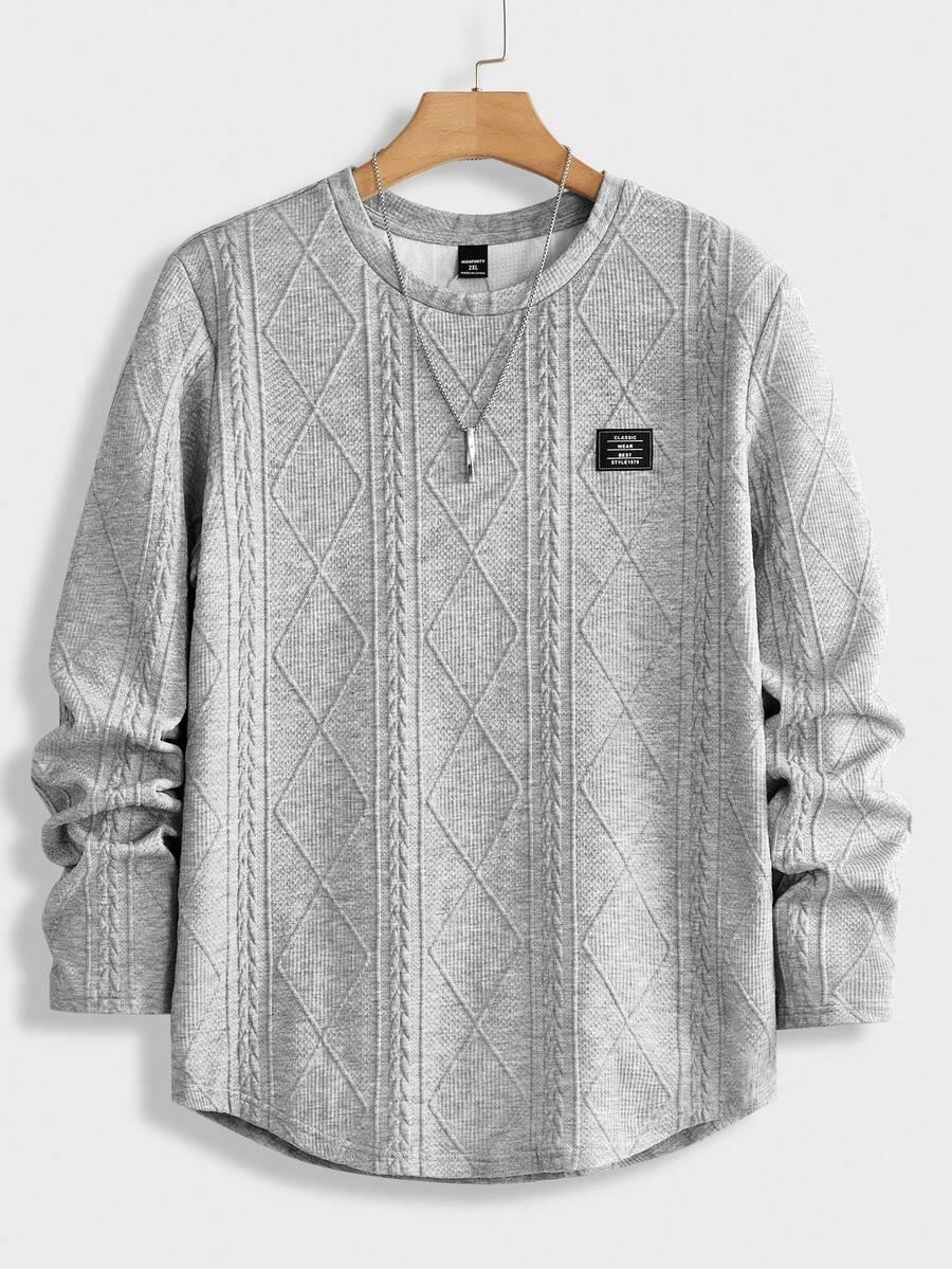 EASEVO 大码男士宽松针织麦穗菱形图案圆领长袖T恤 - 灰色 - 查看 1