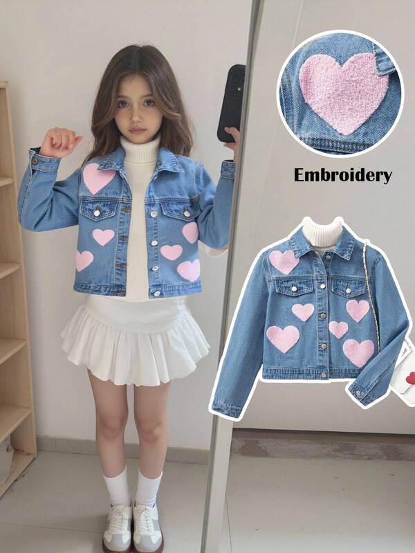 SHEIN Veste courte à manches longues en jean bleu avec motif brodé rose pour filles