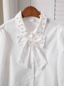 SHEIN Elladie kids 女童珍珠装饰肩部可拆卸蝴蝶结上衣，宽松版型，活力风格，舒适面料，适合搭配背带裙叠穿或单穿，春秋季 - 白色 - 查看 4