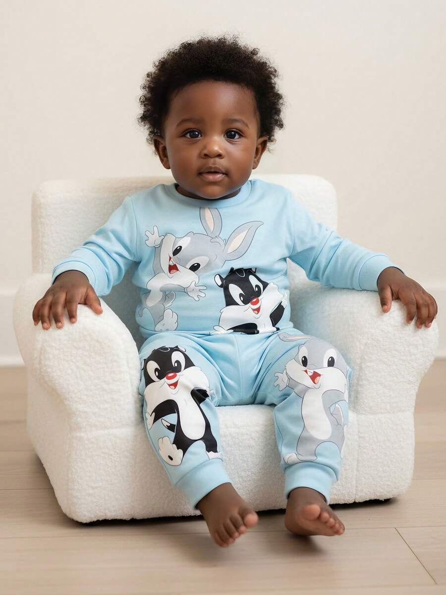 LOONEY TUNES X SHEIN 男婴卡通风格可爱蓝色长袖T恤和紧身裤睡衣套装