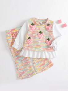 SHEIN Bộ 2 áo thun lông giả họa tiết dâu tây màu hồng dễ thương cho bé gái, áo sơ mi dài tay và quần dài thời trang thoải mái, bộ đồ màu cầu vồng cổ điển giản dị cho các buổi đi chơi hoặc du lịch mùa xuân/thu - màu đen - Xem 4