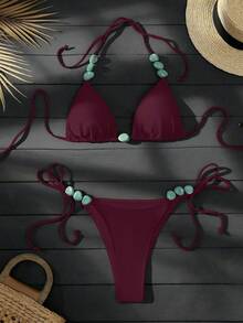 SHEIN Swim Vcay Áo yếm cổ yếm nhuộm màu đá cẩm thạch họa tiết trơn màu mùa hè dành cho nữ, trang trí bãi biển, hồ bơi, tiệc thường ngày, ngày lễ, xuân/hè - Màu Đỏ Sâu - Xem 1