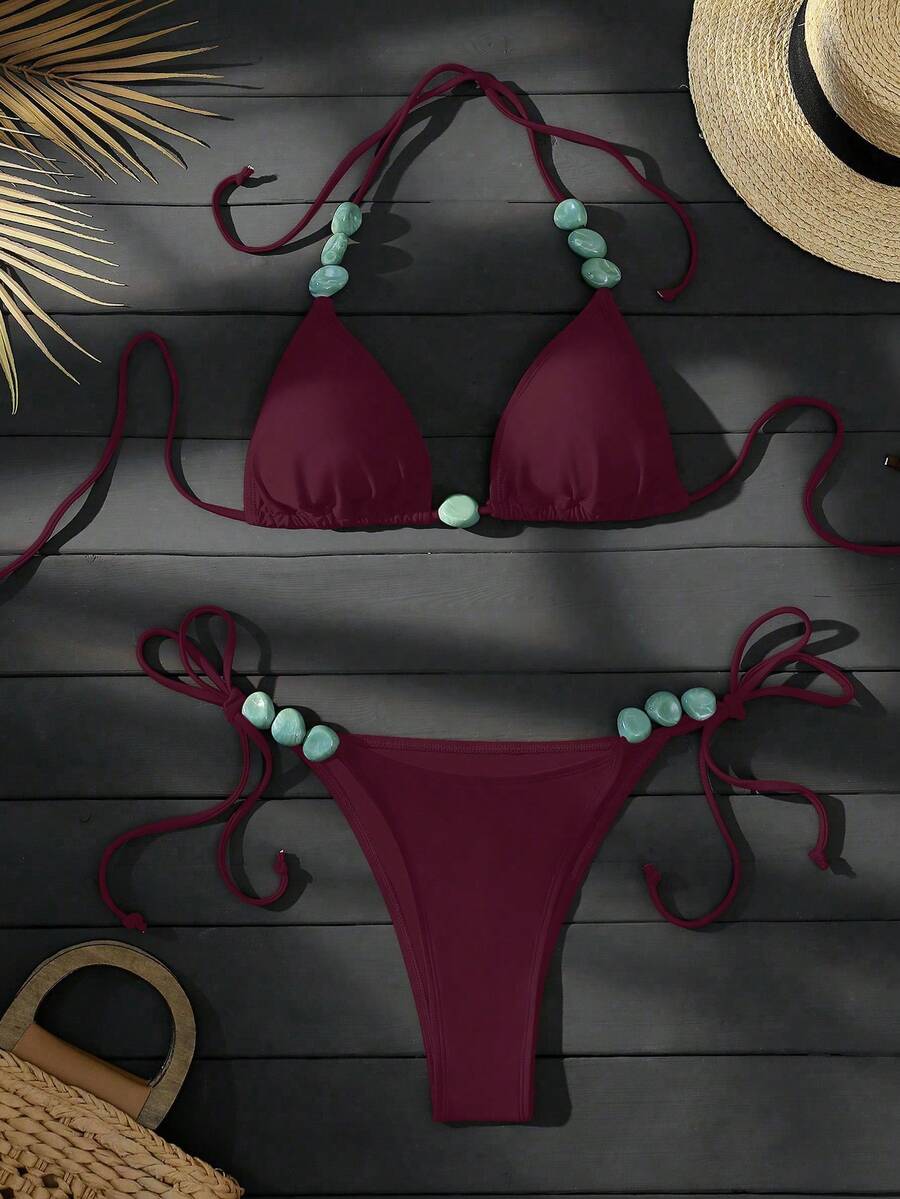 SHEIN Swim Vcay Áo yếm cổ yếm nhuộm màu đá cẩm thạch họa tiết trơn màu mùa hè dành cho nữ, trang trí bãi biển, hồ bơi, tiệc thường ngày, ngày lễ, xuân/hè - Màu Đỏ Sâu - Xem 1