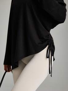 Rhythm Era 大码女式纯色V领侧抽绳宽松休闲长袖T恤