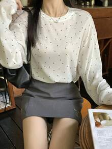 DAZY Women's Polka Dot Print Round Neck Casual Versatile Long Sleeve T-Shirt - White - View 5