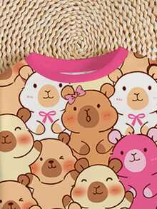 SHEIN Leap Crew 2pcs Tween Girls Cute Pink Autumn Back-To-School Outfit,Capybara Cartoon Animal Print Crew Neck Long Sleeve Sweatshirt And Leggings Set,School Clothes - Multicolor - View 5