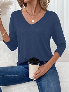 SHEIN LUNE Áo thun dài tay cổ chữ V màu trơn dáng casual dành cho nữ, đa năng, thích hợp mặc nhiều lớp và hàng ngày, phù hợp cho mùa thu/đông. - Màu xanh lam - Xem 5