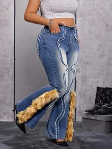 Jeanoix Quần jeans ống loe chắp vá mềm mại cỡ lớn dành cho nữ - Màu xanh lam - Xem 9