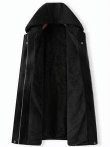 SHEIN CURVE+ 大码女式休闲拉链连帽抽绳腰长袖羊毛夹克，保暖，2025 年新款，舒适防风 - 黑色 - 查看 3