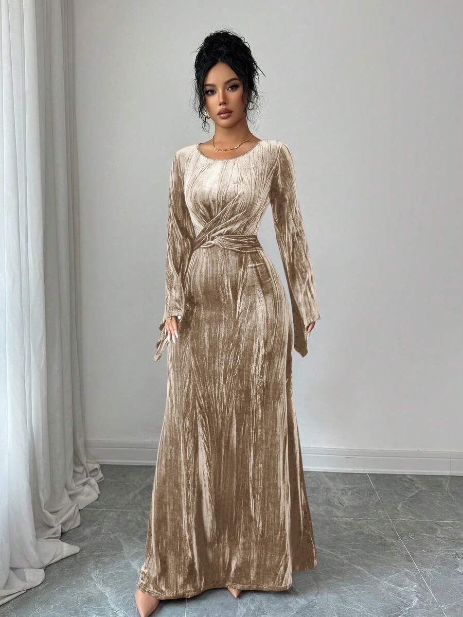 Elenzga 女士复古优雅圆领不对称喇叭袖咖啡色天鹅绒压花褶皱腰身中长连衣裙，适合约会、外出、办公穿着，秋冬季佳选。 - 杏色 - 查看 1