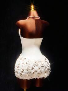 Amplova 女士亮片设计毛绒披肩上衣和无肩带连衣裙魅力时尚套装 - 杏色 - 查看 12