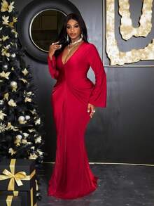 Slaydiva Váy đầm nữ cỡ lớn thu đông 2025, đầm cocktail ôm sát tay dài cổ chữ V thanh lịch, thích hợp cho buổi hòa nhạc nhạc đồng quê, khách dự tiệc cưới, đêm hẹn hò, ngày lễ tình nhân, tiệc trang trọng - Đỏ - Xem 10