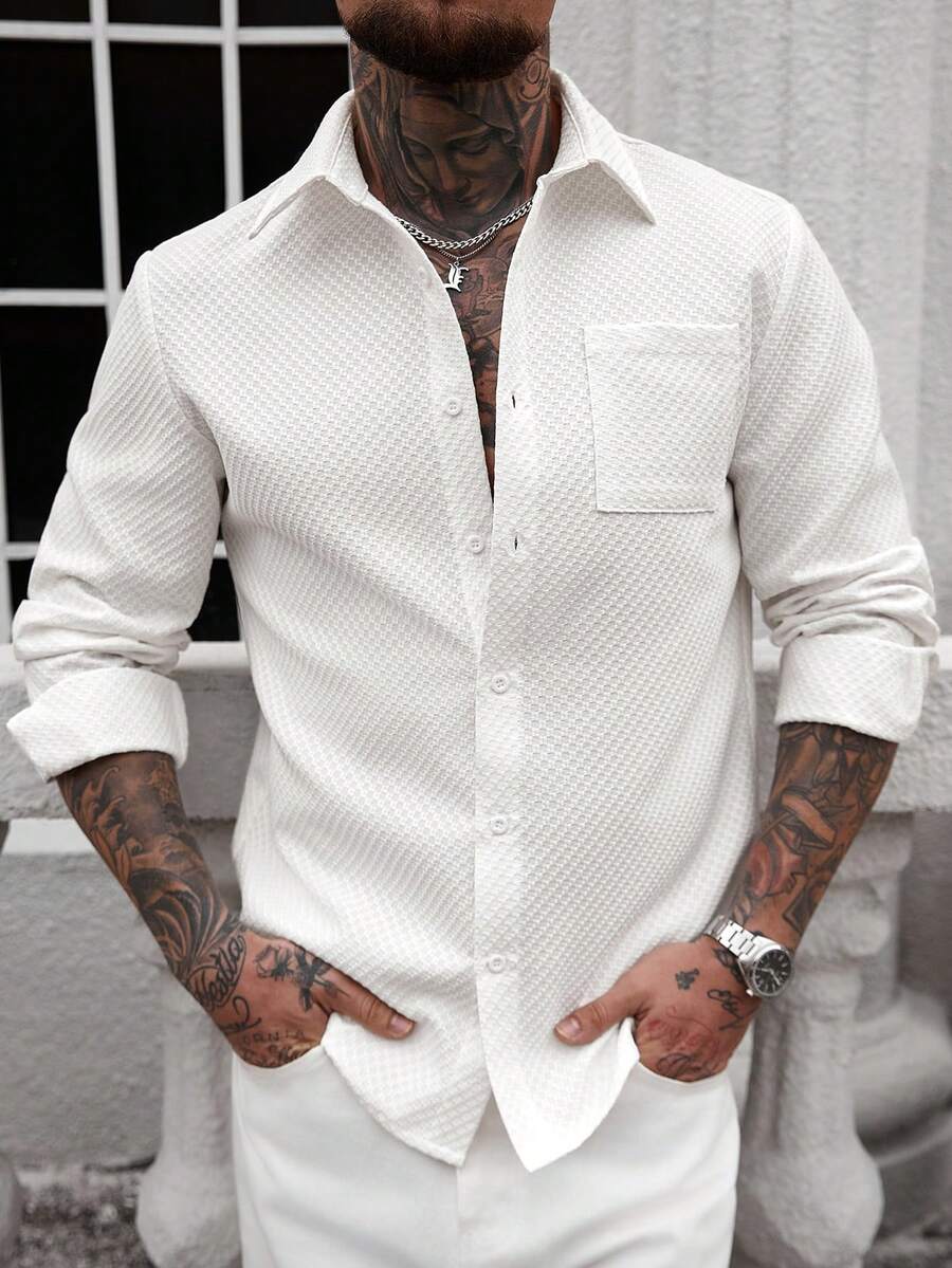 Manfinity CasualCool 男士纯色常规版型长袖前开襟纽扣休闲纹理梭织衬衫 男士衬衫 街头风 白色男士纽扣衬衫 男士纹理衬衫 米色纽扣衬衫 男士时尚衬衫 - 白色 - 查看 1