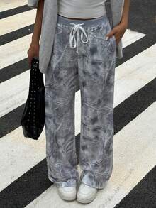 StreetHx Quần dài thể thao ống đứng in họa tiết lá cây màu xám, cạp chun, có dây rút, họa tiết ngụy trang dành cho nữ, thường ngày cho mùa thu/đông, thích hợp mặc hàng ngày, giáo viên, trường học, lễ tốt nghiệp, phong cách đường phố cổ điển, giải trí, thể thao, mặc nhà - Xám - Xem 5