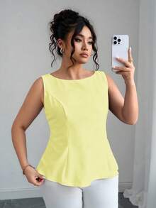 Elenzga Áo cánh hở lưng thanh lịch màu trơn cỡ lớn cho nữ - Vàng nhạt - Xem 2