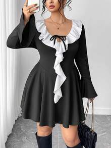 Elenzga Plus Size Women's Fitted Flare Sleeve Mini Black & White Dress, Fashionable Tie-Waist V-Neck Patchwork White Ruffle Hem Elegant A-Line Dress - Black and White - View 3