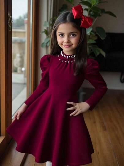 SHEIN Tween Girl Elegant Fitted Stand Collar Pearl Embellished Gigot Sleeve Ruffle Hem Long Sleeve Dress, Wine Red, Suitable For Christmas, New Year, And Everyday Wear, Autumn/Winter