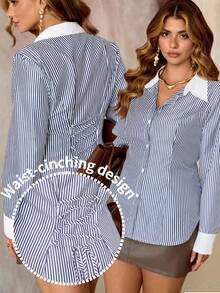 Roveilla Plus Size Women's New Adjustable Cinched Waist Design Contrast Color Long Sleeve Striped Shirt, Elegant French Style Casual Versatile Blouse - Multicolor - View 5
