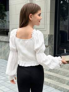 SHEIN Tween Girls' White Casual Versatile Square Neck Off-Shoulder Pleated Puff Sleeve Cropped Blouse, Spring/Summer New Arrival - White - View 3
