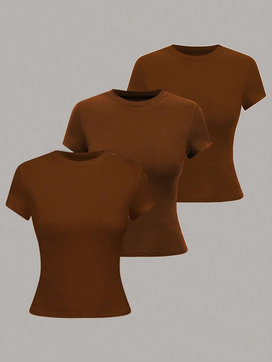 Lymera 女士休闲纯色圆领短袖T恤，夏季百搭 - 棕色 - 查看 1