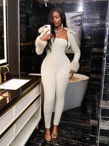 Slaydiva Christmas, New Year And Valentine's Day New Autumn And Winter Casual, Simple And Basic Style, Daily Date, Out On The Street, Popular Streetwear, Y2K Set, Fur Collar POLO Collar, Ultra-Short Cardigan + Slim Strapless Tight Jumpsuit, Apricot Ribbed Ribbed Brushed Set, Women's Two-Piece Set -A Cream Two Piece Set Sexy Body Suit Women Sexy Outfits Y2k 2 Piece Set - Apricot - View 1