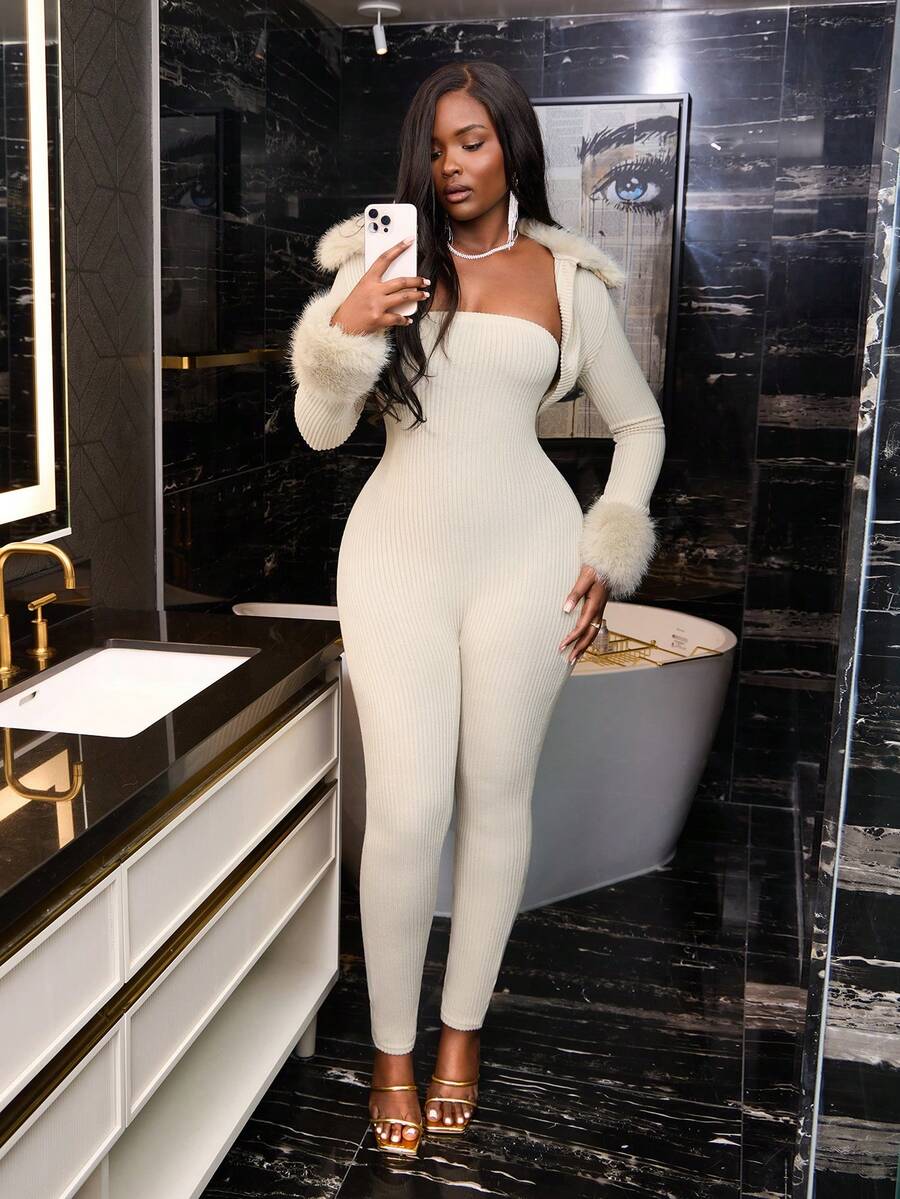 Slaydiva Christmas, New Year And Valentine's Day New Autumn And Winter Casual, Simple And Basic Style, Daily Date, Out On The Street, Popular Streetwear, Y2K Set, Fur Collar POLO Collar, Ultra-Short Cardigan + Slim Strapless Tight Jumpsuit, Apricot Ribbed Ribbed Brushed Set, Women's Two-Piece Set -A Cream Two Piece Set Sexy Body Suit Women Sexy Outfits Y2k 2 Piece Set - Apricot - View 1