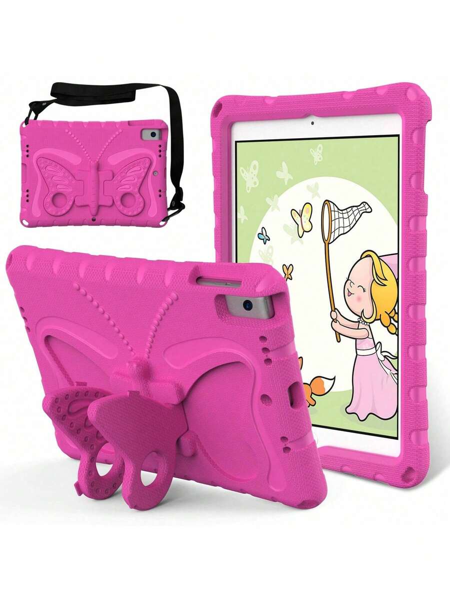 1pc Rose Red Butterfly Stand With Shoulder Strap EVA Tablet Protective Case, With Stand Function, Compatible With IPad - Hot Pink - View 1