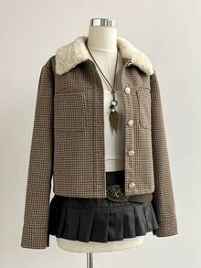 Sweetra Women's Halloween Costume New Style, Suitable For New Year Party, Commute, Daily, Travel, Vacation, Brown Jacket With Lapel, Shearling Patchwork, Houndstooth Short Jacket, Spring, Autumn, Winter