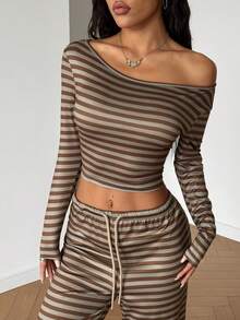 Aidyla 女士卡其色条纹长袖修身宽领抽绳腰直筒裤，秋季款 - 卡其色 - 查看 5