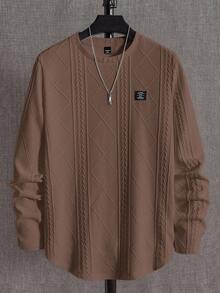 EASEVO 大码男士宽松针织麦穗菱形图案圆领长袖T恤 - 咖啡棕 - 查看 1