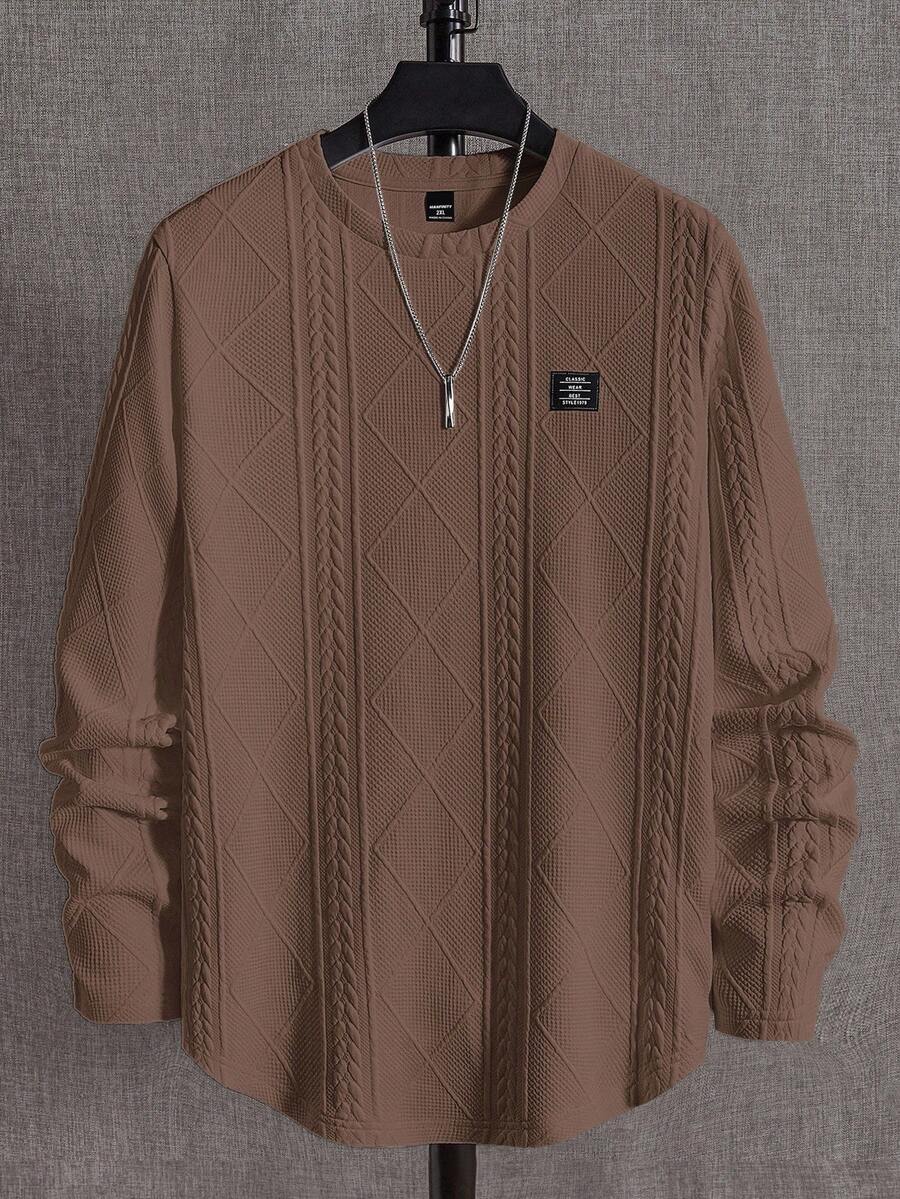 EASEVO 大码男士宽松针织麦穗菱形图案圆领长袖T恤 - 咖啡棕 - 查看 1