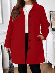 Jaqueta de Lã de Manga Longa com Bolso e Botões na Frente, Casual e Monocromática, Plus Size - Vermelho - Visão 1