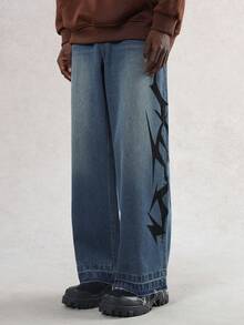 DAZY 男士宽松街头印花牛仔裤，秋季款 - 藍色 - 查看 5