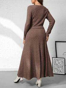 EMERY ROSE Women's Plus Size Ribbed Knit Open Front Round Neck Long Sleeve Cropped Top With Fitted A-Line Maxi Skirt 2 Pieces Set, Elegant Casual Outfit