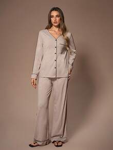 Lazeform Women's Casual Solid Color Cardigan And Pants Loungewear Set, Fall & Winter Clothes - Khaki - View 4