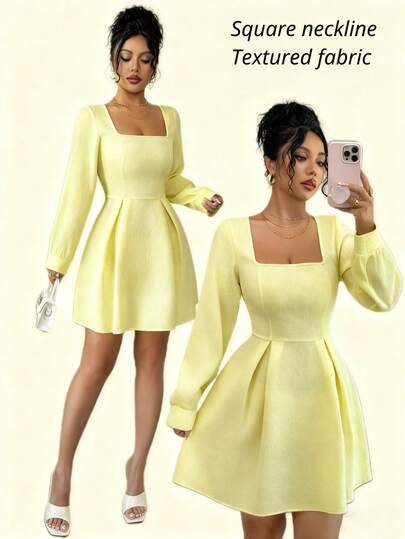 Rafferiza Women's Sweet Romantic Textured Elegant Aristocratic Minimalist Luxury Party Afternoon Tea Casual Dress With Square Neck Long Sleeve Waist Cinched Short Dress