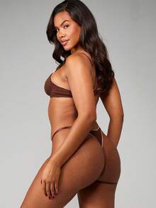 MISSGUIDED Pointelle Ribbed Underwire Bra And Thong Set With Contrast Lace Trim Pink Bow Details Intimates Lingerie - Brown - View 2