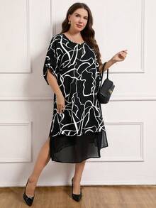 Miaspire 加大码女式妈妈几何拼接荷叶边袖宽松连衣裙，冬季服装，冬季连衣裙