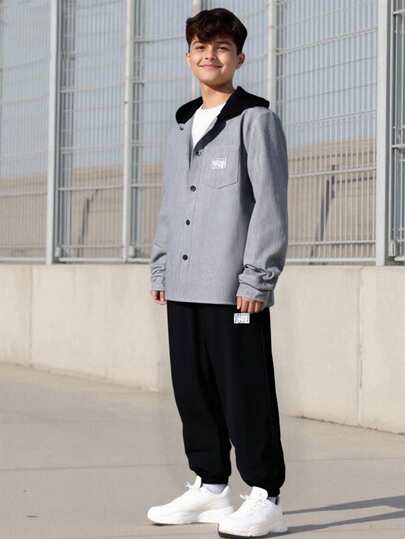 Vacaura 两件套青少年连帽拼接长袖休闲衬衫和抽绳裤套装，适合日常休闲和通勤穿着。