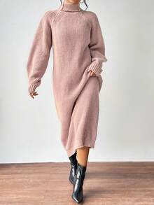 SHEIN Clasi Gaun Rajut Panjang Kerah Tinggi Warna Polos Kasual, Musim Gugur/Musim Dingin - Dusty Pink - View 3