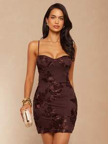 Silquee Robe nuisette en coton épais à fleurs brunes, élégante et sexy, avec broderie. Convient pour la Saint-Valentin, Noël, les rendez-vous, les sorties, les soirées en boîte de nuit et les rassemblements - Tabac - Voir 5