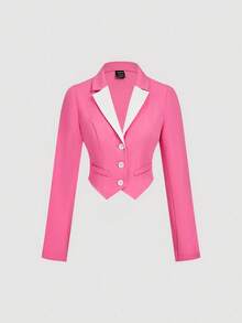 SHEIN MOD 女士休闲粉白撞色单排扣西装外套，秋冬季，圣诞节、新年、感恩节等场合皆宜，粉色西装外套，学院风，优雅，冬季外套，时尚系列，长袖 - 粉色 - 查看 2