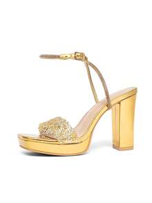 CUCCOO SZL Women's Fashion Gold Rhinestone Chunky Heel Platform High Heel Sandals, Suitable For Dates, Gatherings, Parties, Weddings And Other Occasions Prom Heels Summer Shoes - Gold - View 4