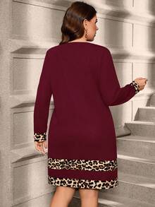 SHEIN Clasi Plus Size Solid Leopard Print Patchwork Minimalist Daily Wear Round Neck Long Sleeve Dress/Winter - Burgundy - View 2