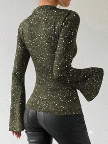 Chiquease Women's Autumn Long Sleeve Flared Cuff High Neck Metallic Silver Ruched Asymmetric T-Shirt Graphic Tees Women Tops For Spring - Army Green - View 2