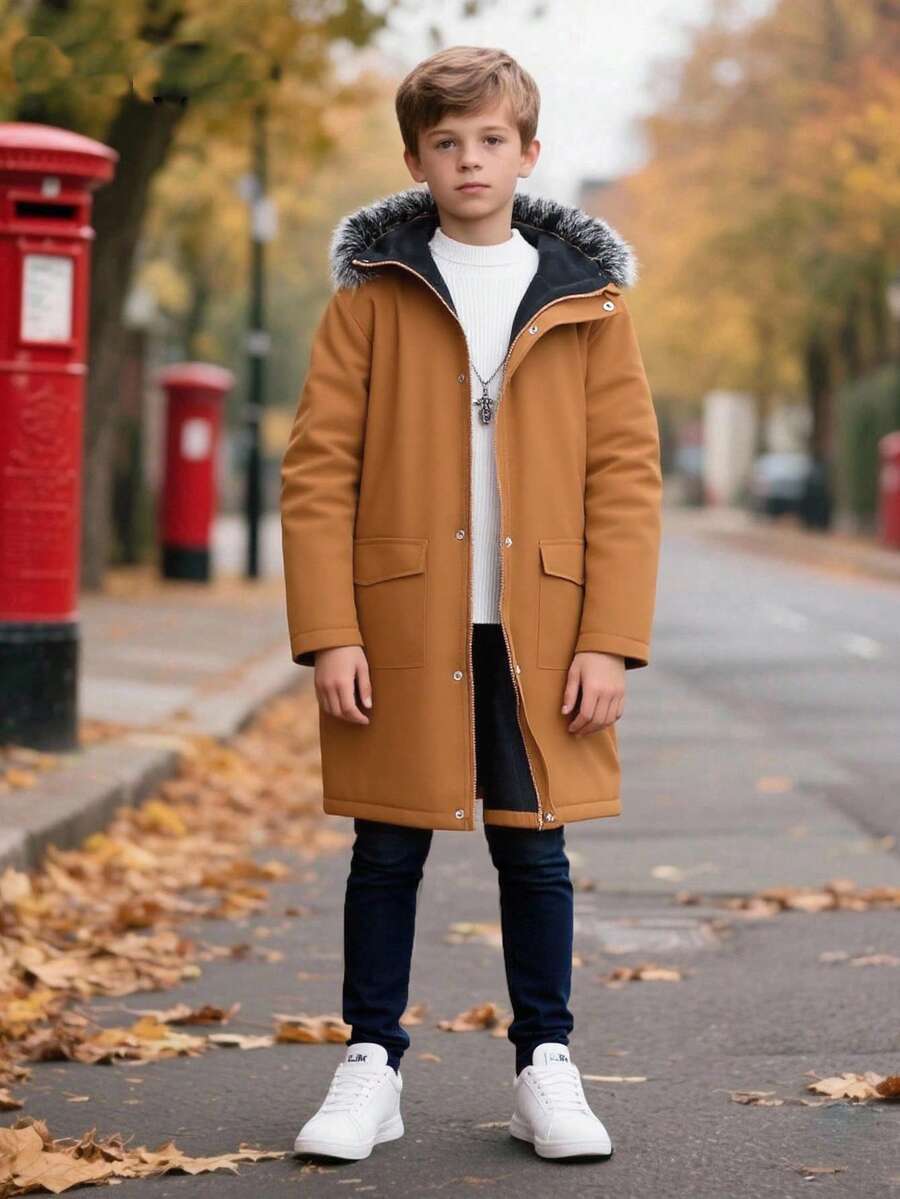 Vacaura 1pc Boys' Casual Hooded Jacket, Suitable For Daily Commute And Outdoor Wear, Autumn/Winter - Khaki - View 1