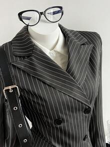 Elamini 女士灰色条纹修身中长款西装外套，百搭职业装，适合办公室、商务休闲、通勤、秋冬季穿着。 - 灰色 - 查看 4